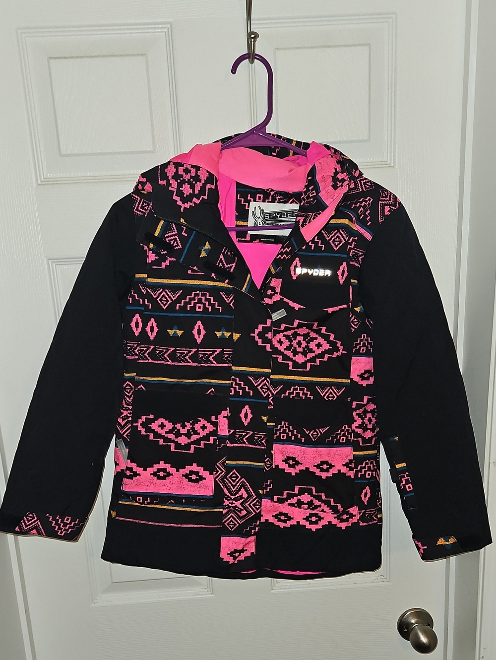 Spyder Black Jacket with Neon Pink Aztec Pattern
